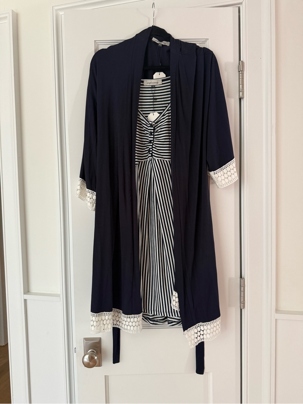 Women’s Navy Lace-Trim Robe and Striped Nightdress Set NWT